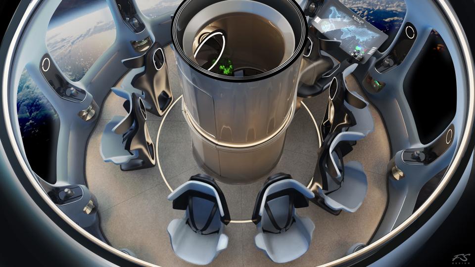 An overhead view of the design of Halo Space capsule as seen in space with eight seats arranged in a circle