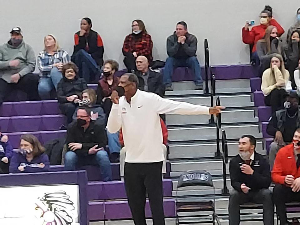 Highland basketball coach Deryl Cunningham gives the Bulldogs defensive instructions during a Mississippi Valley Conference game against Mascoutah Friday, Jan. 14, at Mascoutah High School. Cunningham was back on the bench for the first time since his kidney transplant procedure in December and watched his team drop a 67-45 decision.