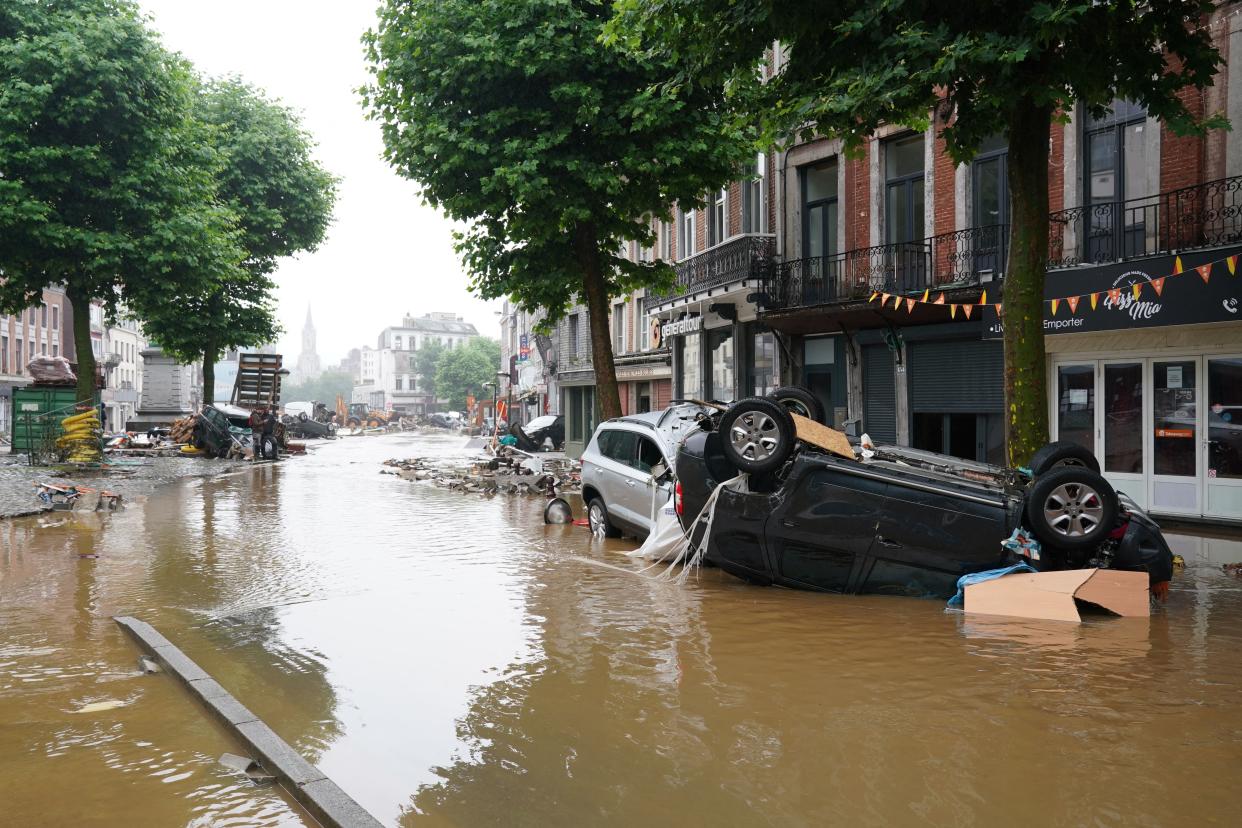 A picture taken on July 15, 2021, shows a flooded street in the Belgian city of Verviers, near Liege, after heavy rains and floods lashed western Europe. - The provincial disaster plan has been declared in Liege, Luxembourg and Namur provinces after large amounts of rainfall. Water in several rivers has reached alarming levels. - Belgium OUT (Photo by ANTHONY DEHEZ / BELGA / AFP) / Belgium OUT (Photo by ANTHONY DEHEZ/BELGA/AFP via Getty Images)