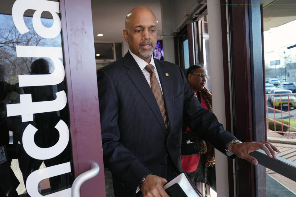 FILE - Clayton Harris, candidate for Cook county state's attorney, leaves Fellowship Baptist church in Chicago, Sunday, March 3, 2024. Eileen O'Neill Burke, a former appellate judge, has won the Democratic primary for Cook County state’s attorney over Harris III, an attorney with party backing. The Associated Press called the race Friday, March 29. (AP Photo/Nam Y. Huh, File)