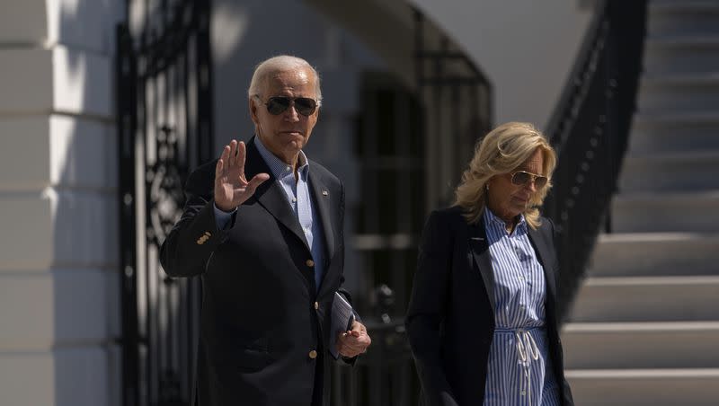 President Joe Biden waves as he and first lady Jill Biden walk to board Maine One at the White House in Washington, Saturday, Sept. 2, 2023, en route to Florida. Jill Biden tested positive for COVID-19 Monday.