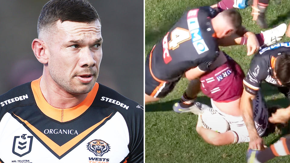 Brent Naden, pictured here becoming the first Wests Tigers player to be sent off since 2002. 