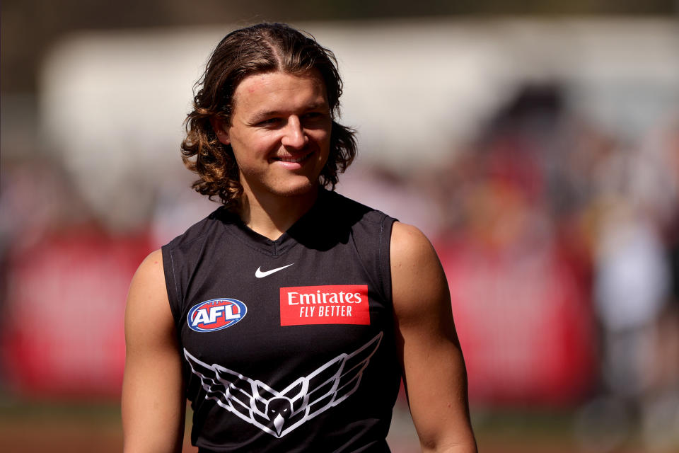 MELBOURNE, AUSTRALIA - SEPTEMBER 26: Jack Ginnivan of the Magpies looks on during a Collingwood Magpies AFL training session at AIA Centre on September 26, 2023 in Melbourne, Australia. (Photo by Kelly Defina/Getty Images)