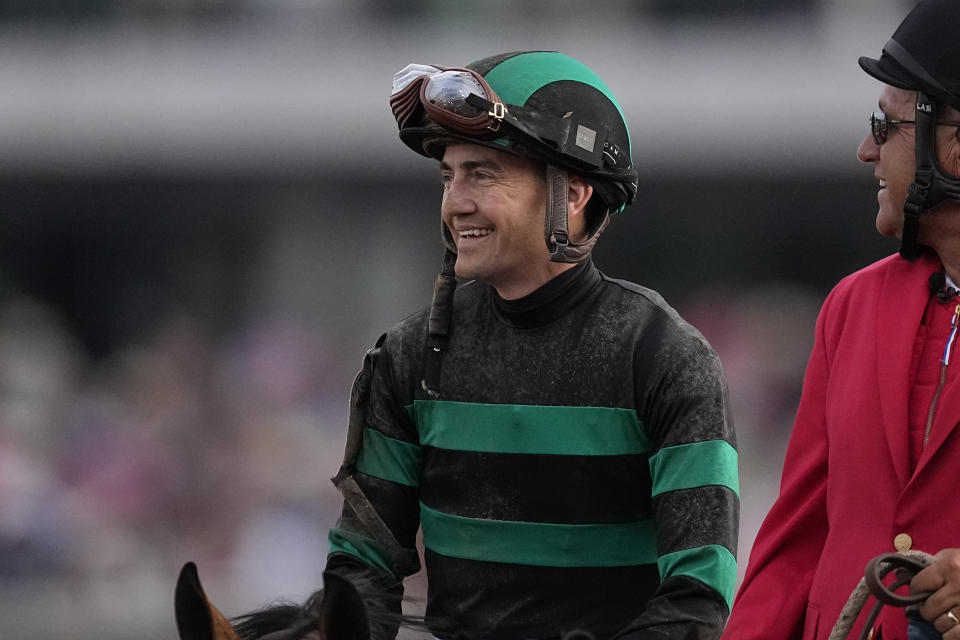 Dan Brian Hernandez Jr., celebrates after riding Mystik Dan too win the 150th running of the Kentucky Derby horse race at Churchill Downs Saturday, May 4, 2024, in Louisville, Ky. (AP Photo/Brynn Anderson)