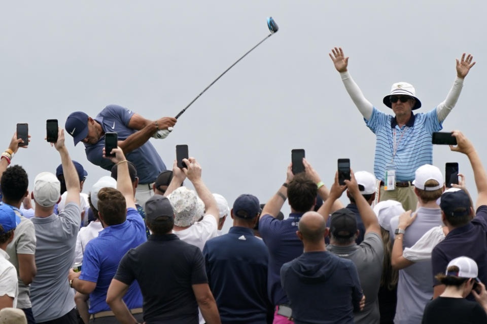 Brooks Koepka plays his shot from the fourth tee during the second round of the U.S. Open Golf Championship, Friday, June 18, 2021, at Torrey Pines Golf Course in San Diego. (AP Photo/Marcio Jose Sanchez)