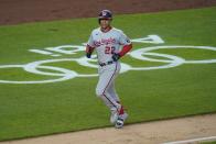 Washington Nationals' Juan Soto (22) runs the bases after hitting a two-run home run during the ninth inning of a baseball game against the New York Yankees, Friday, May 7, 2021, in New York. (AP Photo/Frank Franklin II)