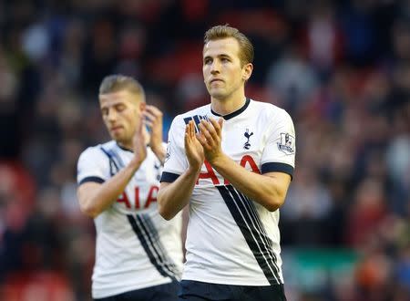 Football Soccer - Liverpool v Tottenham Hotspur - Barclays Premier League - Anfield - 2/4/16 Tottenham's Harry Kane applauds the fans at the end of the game Action Images via Reuters / Carl Recine Livepic EDITORIAL USE ONLY. No use with unauthorized audio, video, data, fixture lists, club/league logos or "live" services. Online in-match use limited to 45 images, no video emulation. No use in betting, games or single club/league/player publications. Please contact your account representative for further details.