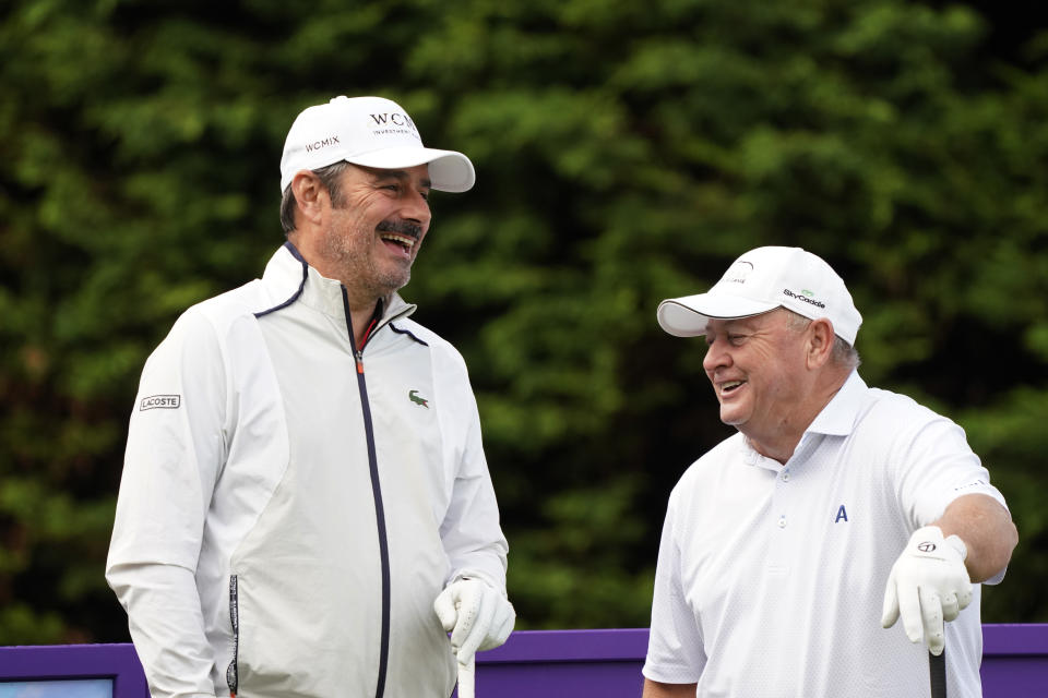 Ian Woosnam and Jean Van De Velde share a laugh during the 2022 Staysure PGA Seniors Championship at Formby Golf Club in Formby, England. (Photo by Phil Inglis/Getty Images)