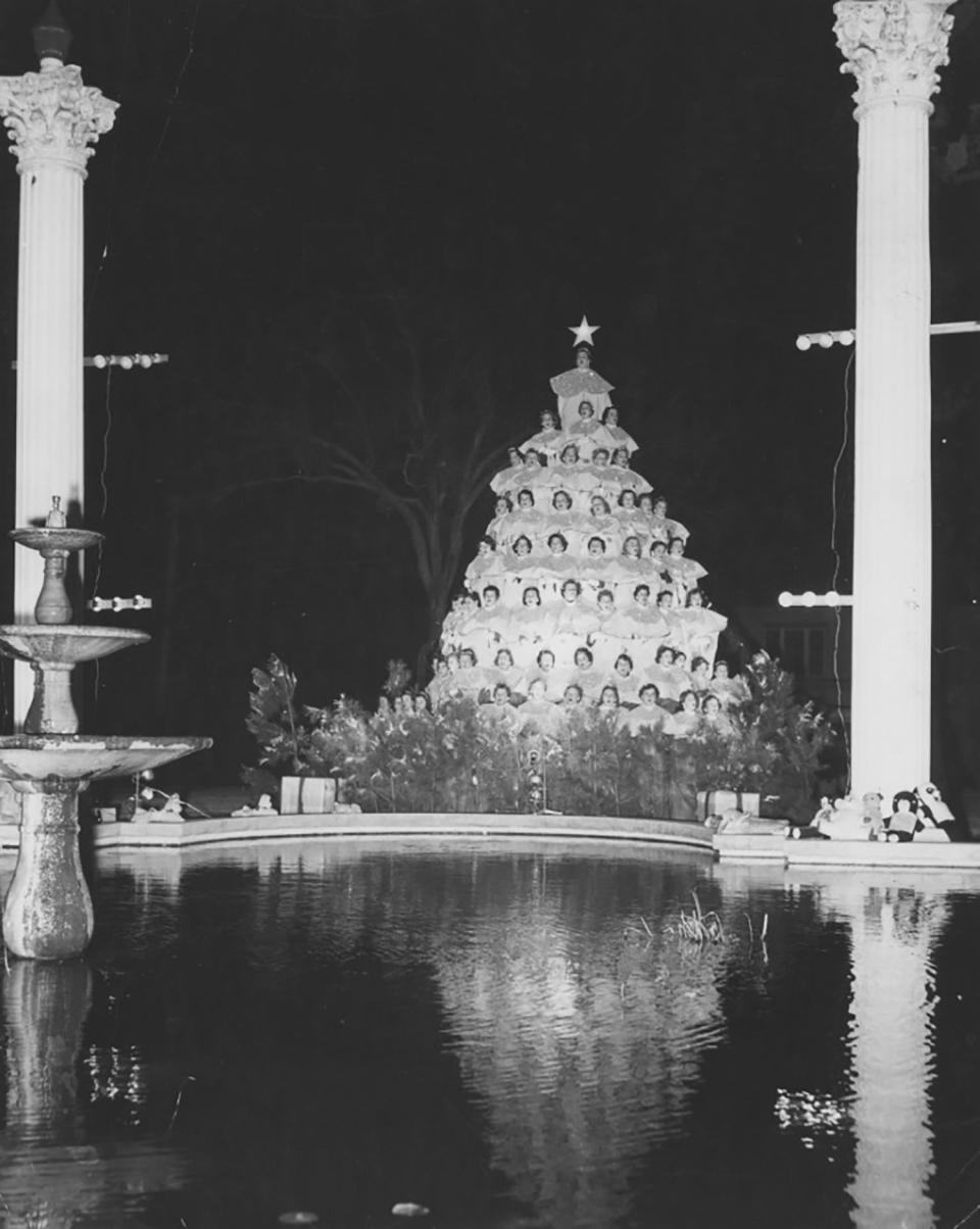 This 1955 photo shows the singing Christmas tree when it was located near a fountain on Belhaven University's campus.