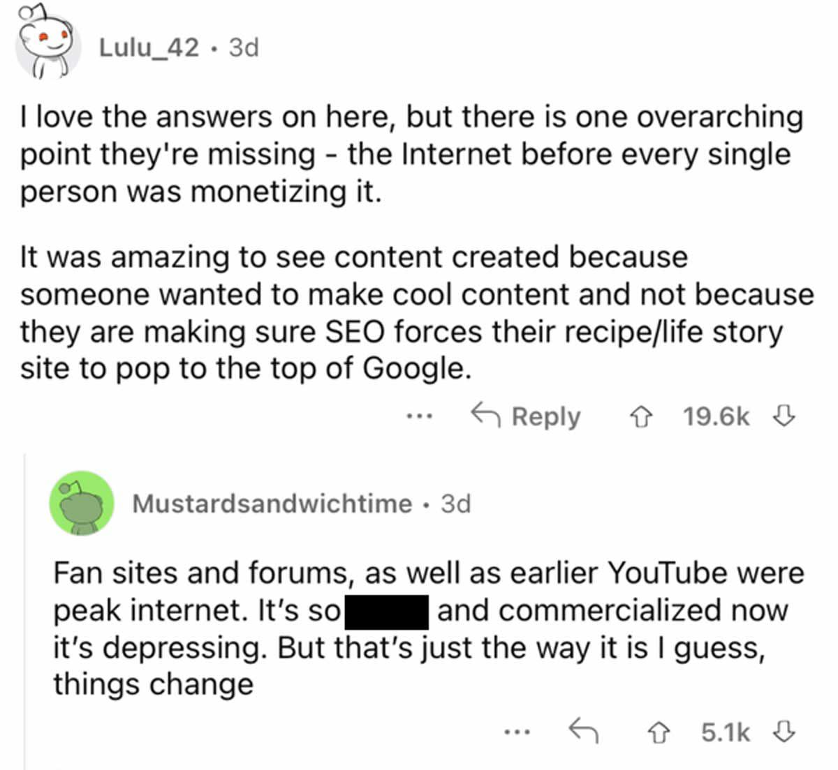 Reddit screenshot about how people used to make cool content just to make content.