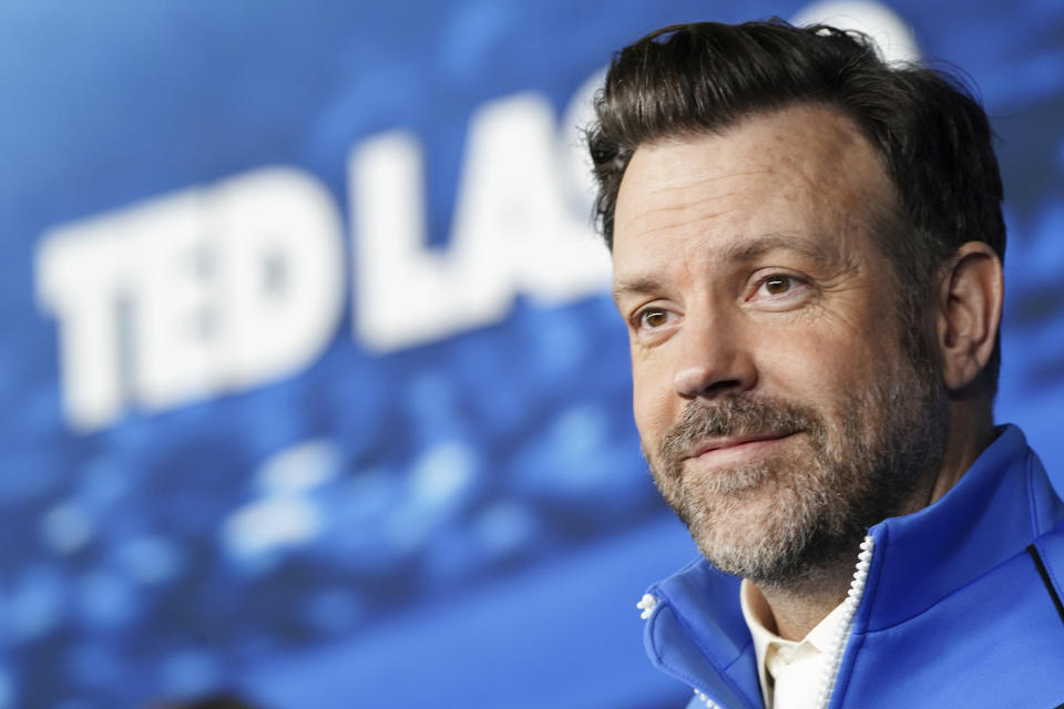 FILE - Jason Sudeikis arrives at the season three premiere of "Ted Lasso" on March 7, 2023, at Regency Village Theatre in Los Angeles. President Joe Biden and first lady Jill Biden will host the cast of “Ted Lasso” at the White House on Monday, March 20, to promote mental health and wellbeing. (Photo by Jordan Strauss/Invision/AP, File)