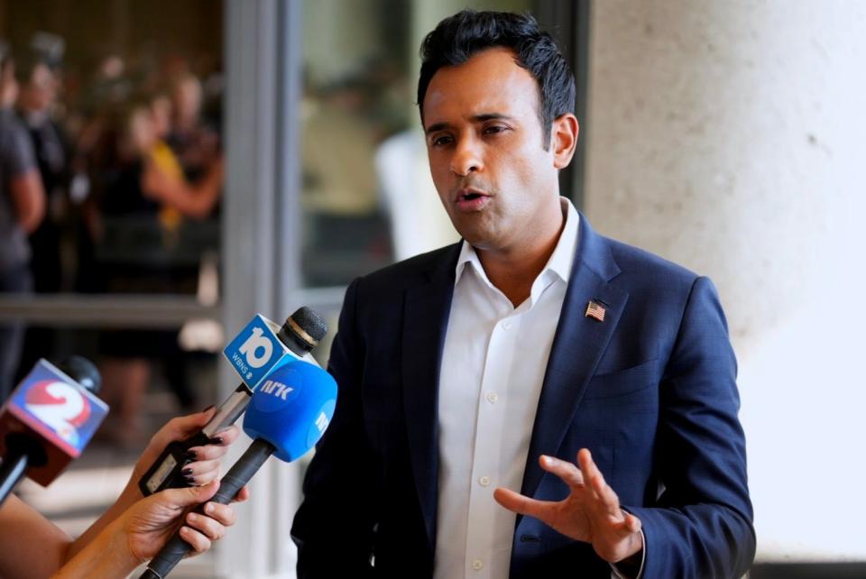 Republican businessman Vivek Ramaswamy, pictured before a town hall meeting in Springfield on Thursday.