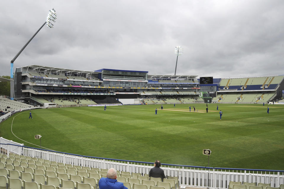 FILE - In this Wednesday, April 24, 2019 file photo which shows a general view of Edgbaston cricket ground in Birmingham, England. The 2019 Cricket World Cup starts in England on May 31. Edgbaston is one of the grounds being used in the competition.(AP Photo/Rui Vieira, File)