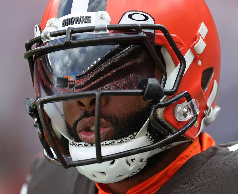 Cleveland Browns wide receiver Odell Beckham Jr. (13) takes the field before an NFL football game at FirstEnergy Stadium, Sunday, Oct. 17, 2021, in Cleveland, Ohio. [Jeff Lange/Beacon Journal]