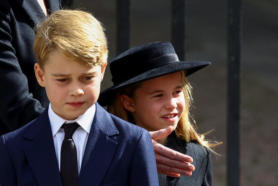 Prince George and Princess Charlotte seen after the State Funeral of Queen Elizabeth II at Westminster Abbey on September 19, 2022.