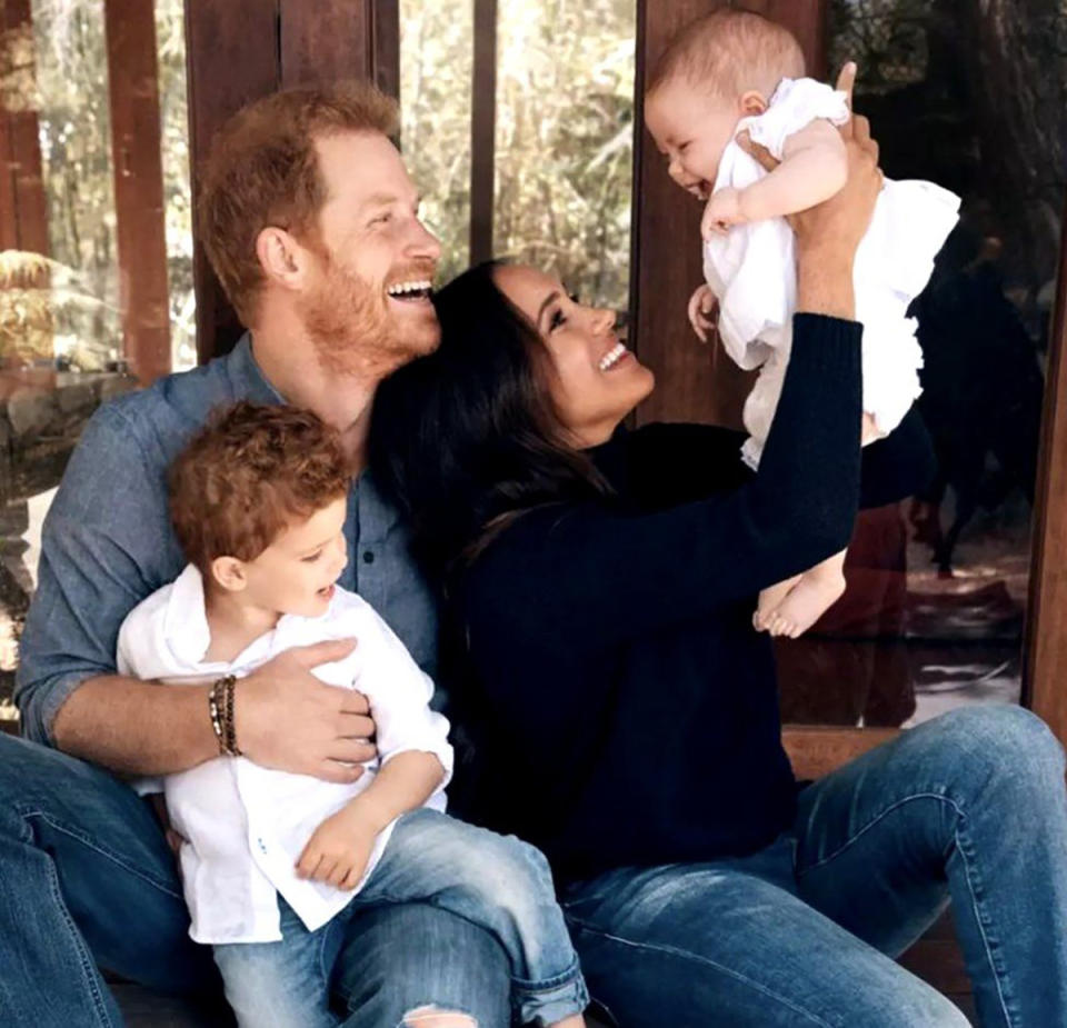 Prince Harry and Meghan Markle with Archie and Lilibet, who is named after the Queen