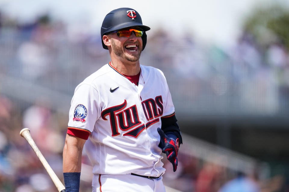 FORT MYERS, FL- MARCH 11: Josh Donaldson #24 of the Minnesota Twins looks on and smiles during a spring training game between the Atlanta Braves and Minnesota Twins on March 11, 2020 at Hammond Stadium in Fort Myers, Florida. (Photo by Brace Hemmelgarn/Minnesota Twins/Getty Images)