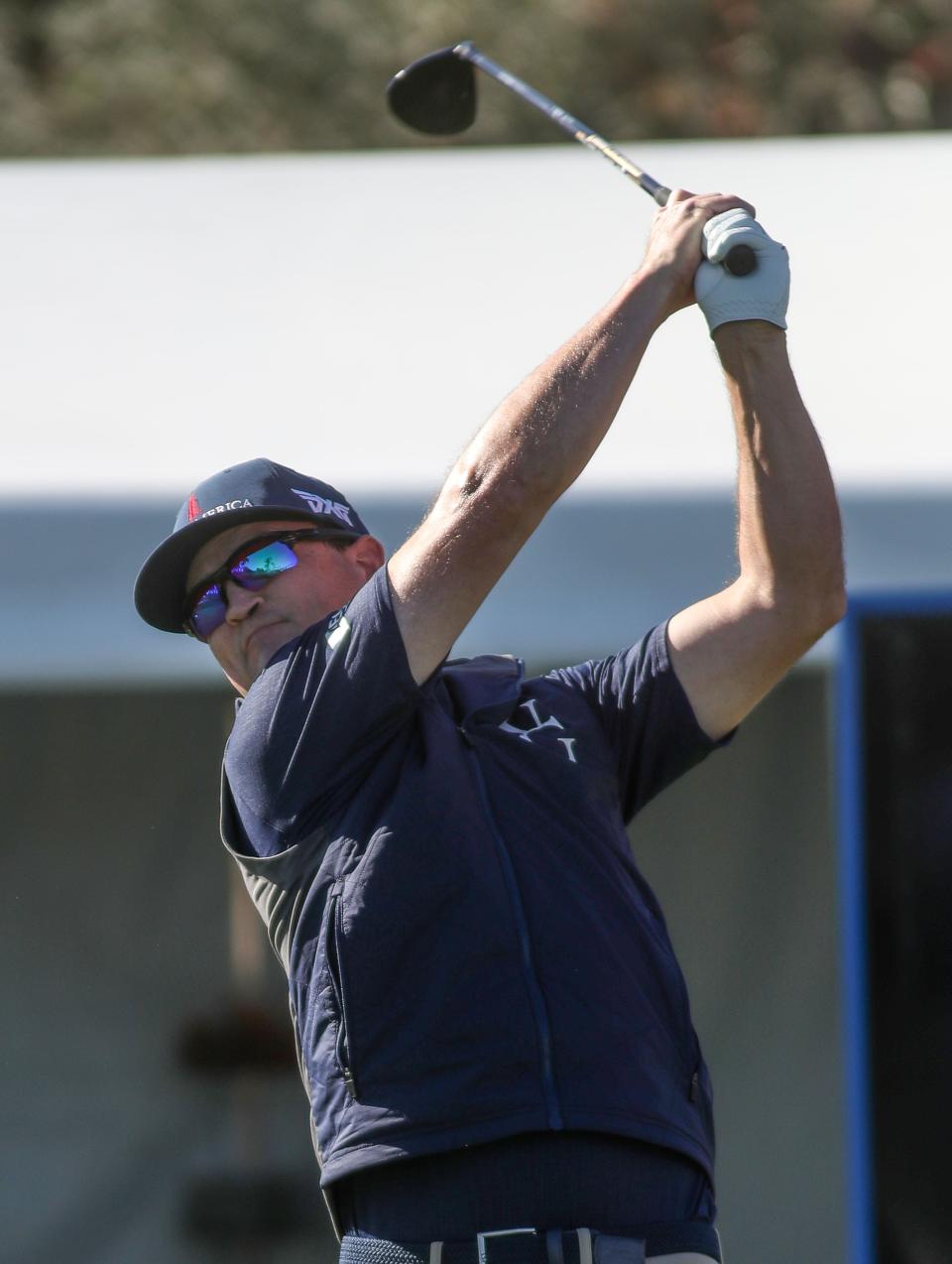 Zach Johnson tees off on the 10th hole at La Quinta Country Club during The American Express in La Quinta, Calif., Jan. 20, 2023.