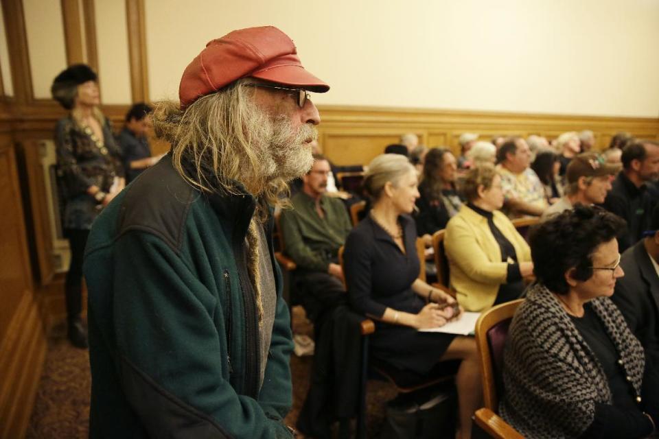 Diamond Dave Whitaker waits for his turn to speak during a commission hearing about a Summer of Love anniversary concert at City Hall, Thursday, Feb. 16, 2017, in San Francisco. The show might still go on but a concert planned to mark the 50th anniversary of the Summer of Love has hit another major bureaucratic hurdle. San Francisco's Recreation and Park Commission on Thursday upheld its decision earlier this month to deny a permit for the concert. (AP Photo/Eric Risberg)