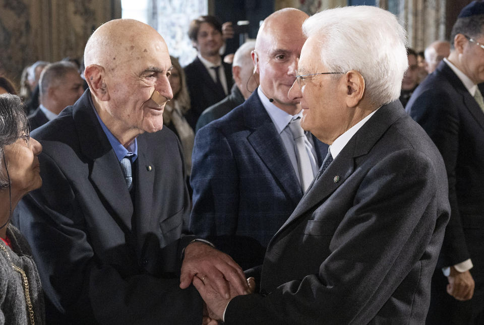 Italian President Sergio Mattarella talks to Holocaust survivor Sami Modiano, left, in Rome Friday, Jan. 26, 2024. Italy’s president has denounced the rise in antisemitism and delivered a powerful speech in support of the Jewish people. President Sergio Mattarella commemorated Holocaust Remembrance Day, which has been overshadowed by Israel’s military campaign in Gaza and a rise in anti-Israel acts in Italy. (Paolo Giandotti/Italian Presidency via AP)