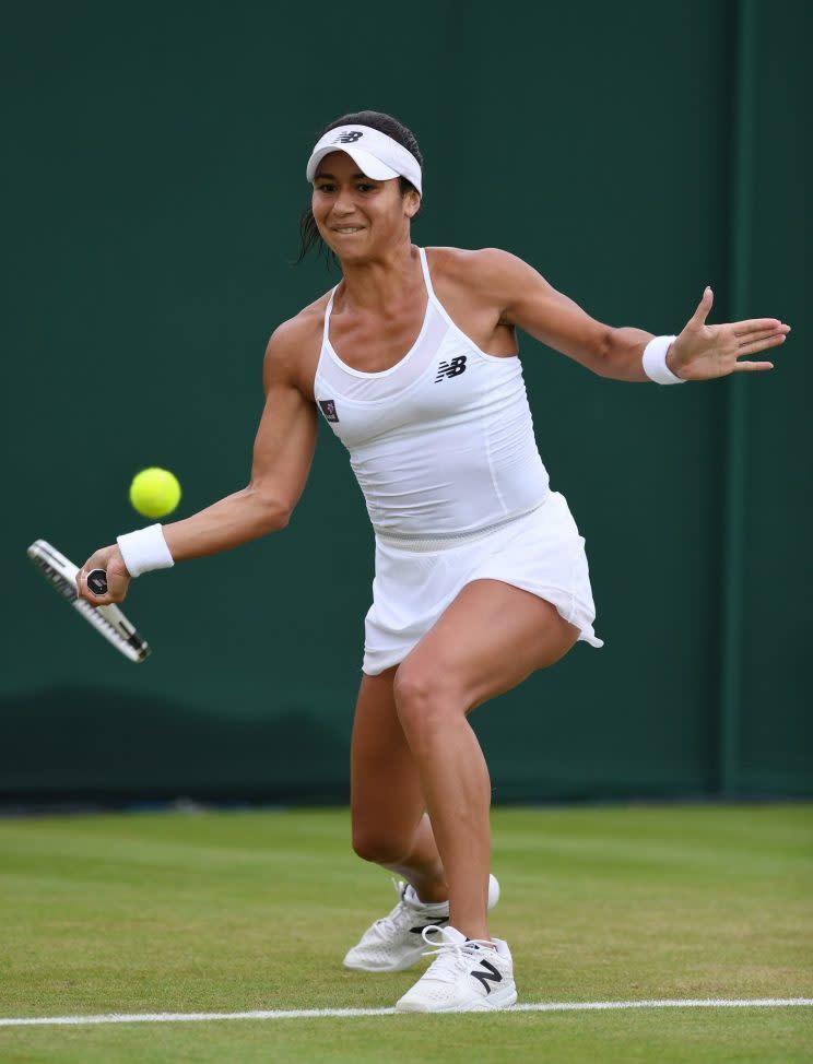 <p>Heather Watson of Great Britain plays a forehand during the Ladies Singles second round match against Annika Beck of Germany on day three of the Wimbledon Lawn Tennis Championships at the All England Lawn Tennis and Croquet Club on June 29, 2016 in London, England. (Photo by Shaun Botterill/Getty Images)</p>