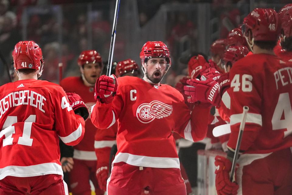 Red Wings center Dylan Larkin celebrates his goal against the Kings in the first period on Saturday, Jan. 13, 2024, at Little Caesars Arena.