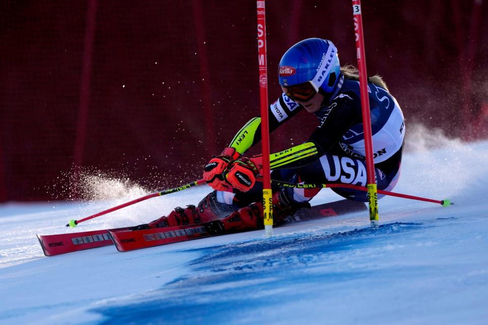 Mikaela Shiffrin of the United States competes during a women's World Cup giant slalom skiing race Saturday, Nov. 25, 2023, in Killington.