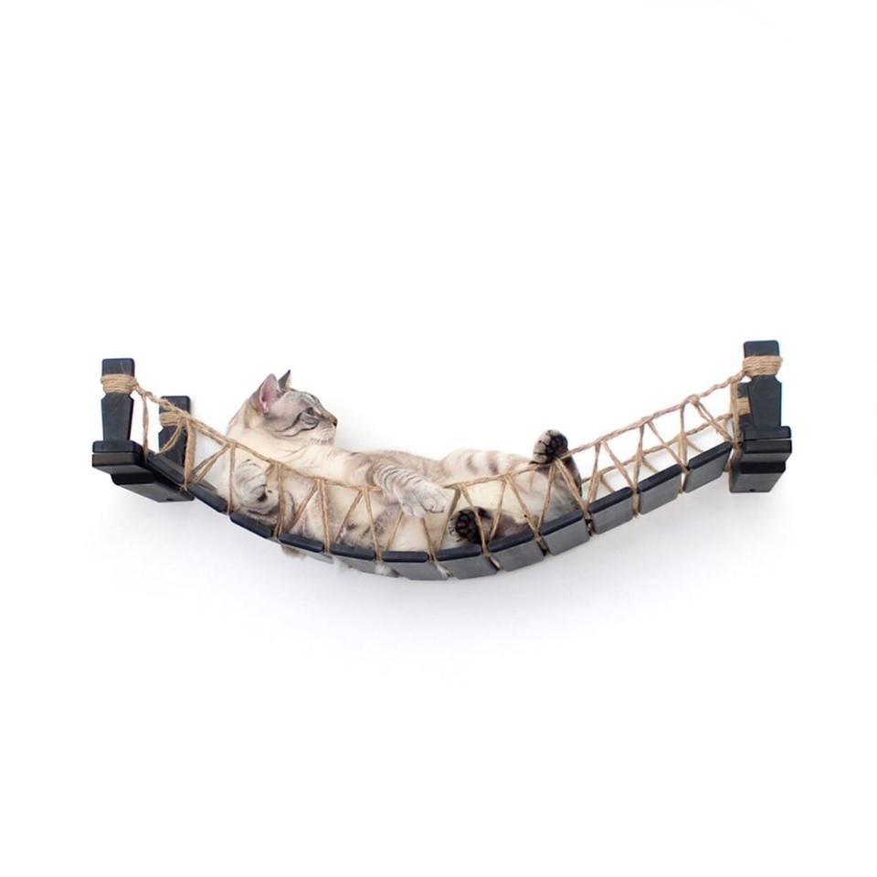 Cat lying in a CatastrophiCreations Cat Mod Bridge Lounge attached to a white well