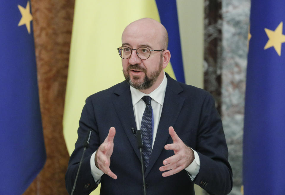 European Council President Charles Michel talks during a joint media conference with Ukrainian President Volodymyr Zelenskiy in Kyiv, Ukraine, Wednesday, March 3, 2021. (Sergiy Dolzhenko/Pool via AP)