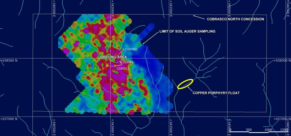 Location of copper porphyry float samples and gold soil auger geochemistry.