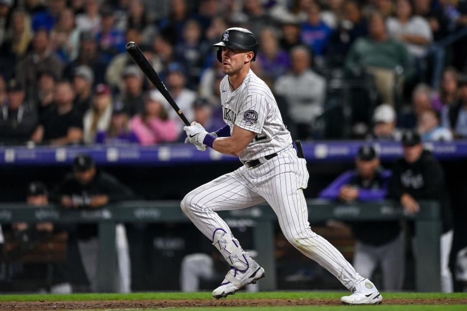 DENVER, CO - SEPTEMBER 11: Nolan Jones #22 of the Colorado Rockies singles against the Chicago Cubs in the eighth inning at Coors Field on September 11, 2023 in Denver, Colorado. (Photo by Dustin Bradford/Getty Images)