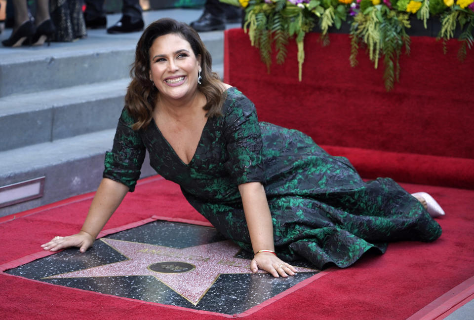 Mexican actor/singer/radio personality Angelica Vale poses behind her new star on the Hollywood Walk of Fame, Thursday, Nov. 10, 2022, in Los Angeles. (AP Photo/Chris Pizzello)