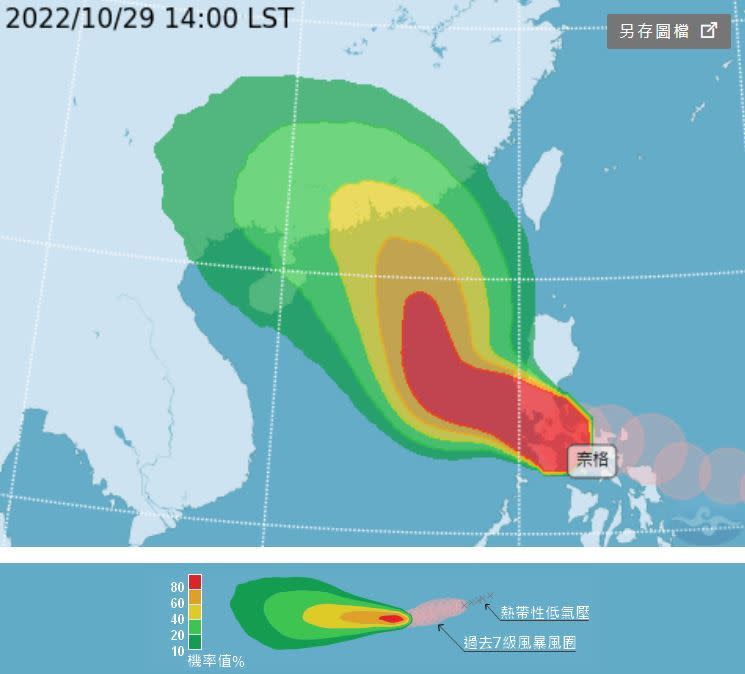 氣象局公布今日2時奈格颱風暴風圈侵襲機率（上）以及路徑潛勢預報（下）。（圖／翻攝自中央氣象局）