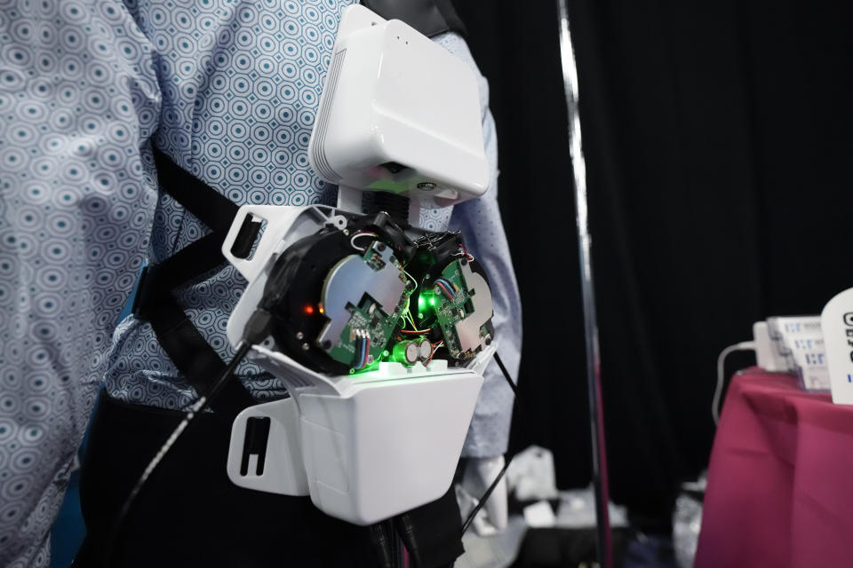 The H-Medi wearable robotic system by Hurotics is seen on a mannequin during CES Unveiled before the start of the CES tech show Sunday, Jan. 7, 2024, in Las Vegas. H-Medi is designed by Hurotics to help with medical rehabilitation. (AP Photo/Ryan Sun)