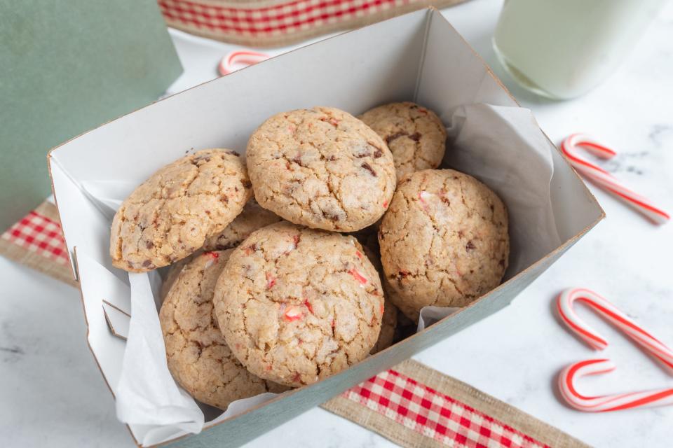 Peppermint chocolate chunk cookies in a box