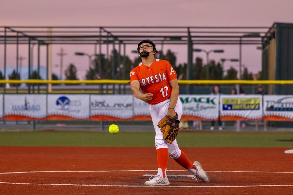 Artesia's Katrin Marquez fires a pitch against Roswell during an April 5, 2024 softball game.