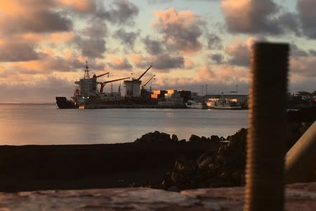 A container ship unloads at the Matautu port in the Samoan capital of Apia