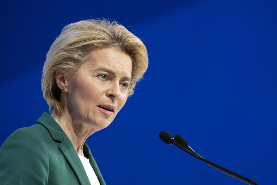 Ursula von der Leyen, President of the European Commission, delivers a speech during a plenary session of the 50th annual meeting of the World Economic Forum (WEF) in Davos, Switzerland, Wednesday, Jan. 22, 2020. (Gian Ehrenzeller/Keystone via AP)