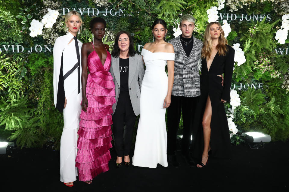 <p>Karolína Kurková, Adut Akech, Bridget Veals, Jessica Gomes, Anwar Hadid and Victoria Lee on the David Jones red carpet. Photo: Getty Images </p>