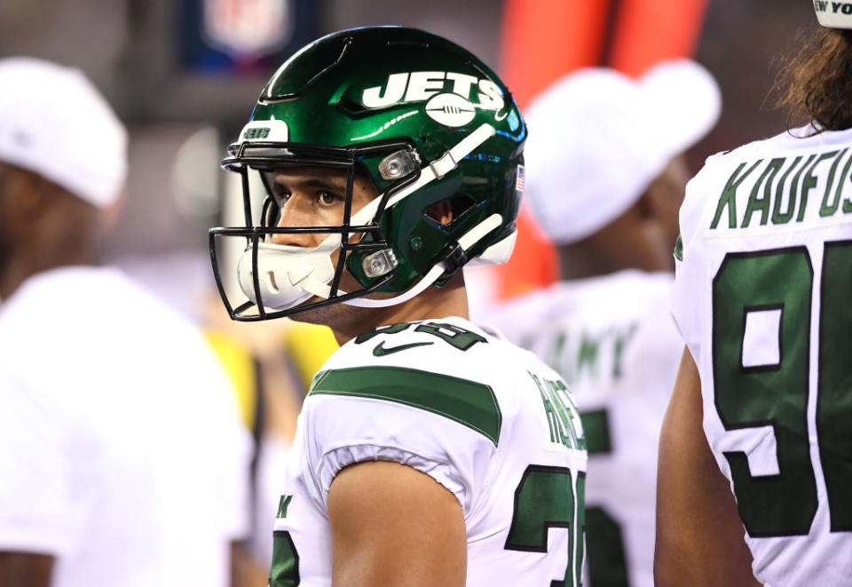 Valentine Holmes #39 of the New York Jets looks on from the bench during the third quarter of a preseason game against the New York Giants at MetLife Stadium on August 08, 2019 in East Rutherford, New Jersey. (Photo by Sarah Stier/Getty Images)