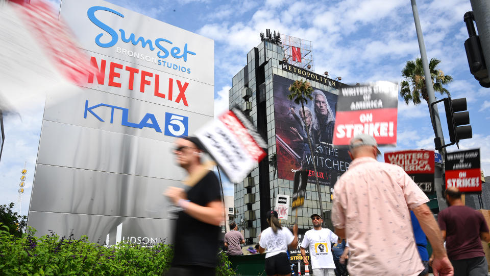 SAG-AFTRA and WGA Members and Supporters walk the picket line in support of the SAG-AFTRA and WGA strike at Netflix Studios on August 9, 2023 in Los Angeles, California (Photo by Michael Buckner/Deadline via Getty Images)