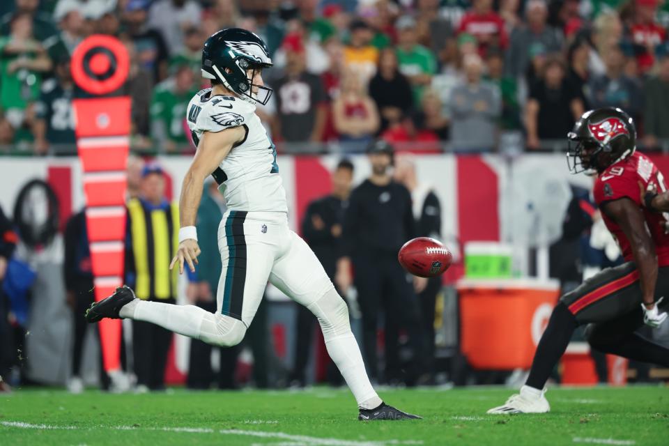 Jan 15, 2024; Tampa, Florida, USA; Philadelphia Eagles punter Braden Mann (10) punts the ball against the Tampa Bay Buccaneers during the first half of a 2024 NFC wild card game at Raymond James Stadium. Mandatory Credit: Kim Klement Neitzel-USA TODAY Sports