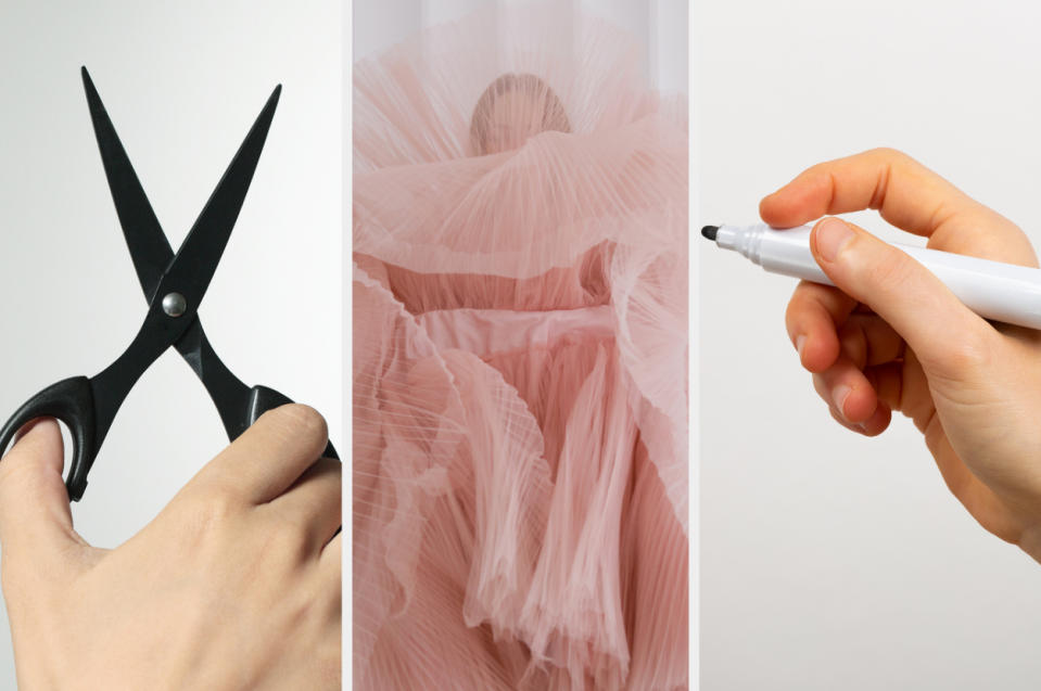 Scissors, a tulle dress, and a black marker signifying the ruining of the dress