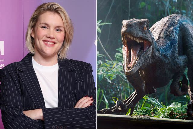 <p>Tristan Fewings/Getty Images; Everett Collection</p> Emerald Fennell; a velociraptor in 'Jurassic World: Fallen Kingdom'