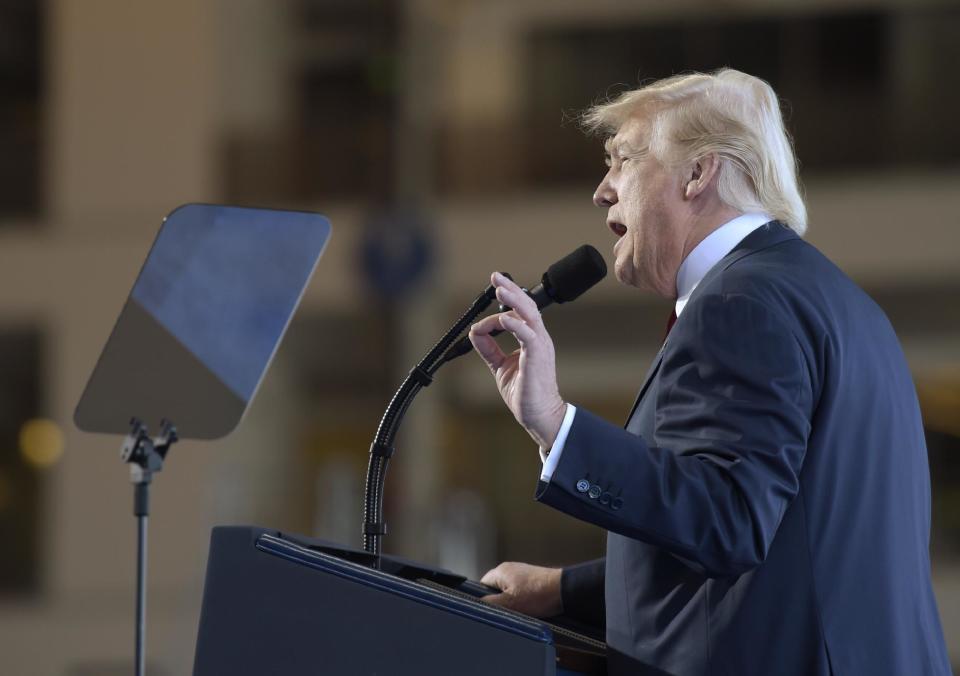 President Donald Trump speaks at the Boeing South Carolina facility in North Charleston, S.C., Friday, Feb. 17, 2017, where he went to see the Boeing 787 Dreamliner. Trump visited the plant before heading to his Mar-a-Lago estate in Palm Beach, Fla. for the weekend. (AP Photo/Susan Walsh)