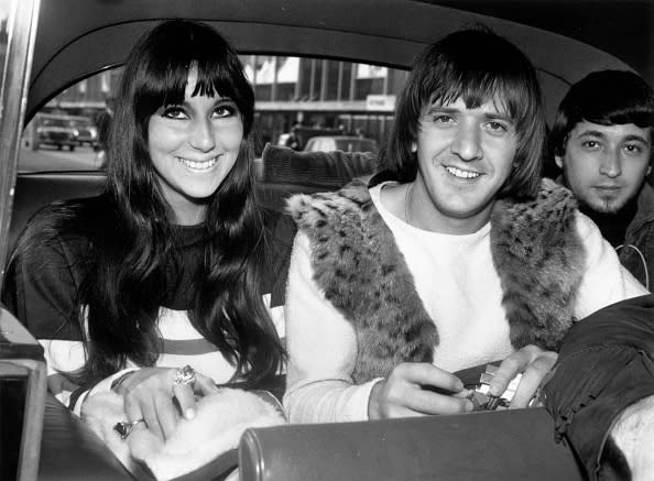 August 1965: American singers Cher (Cherylynn LaPiere, Cherilyn Sarkisian) and Sonny Bono (Salvatore Bono) (1935 – 1998) on a visit to London. (Photo by Dove/Express/Getty Images)