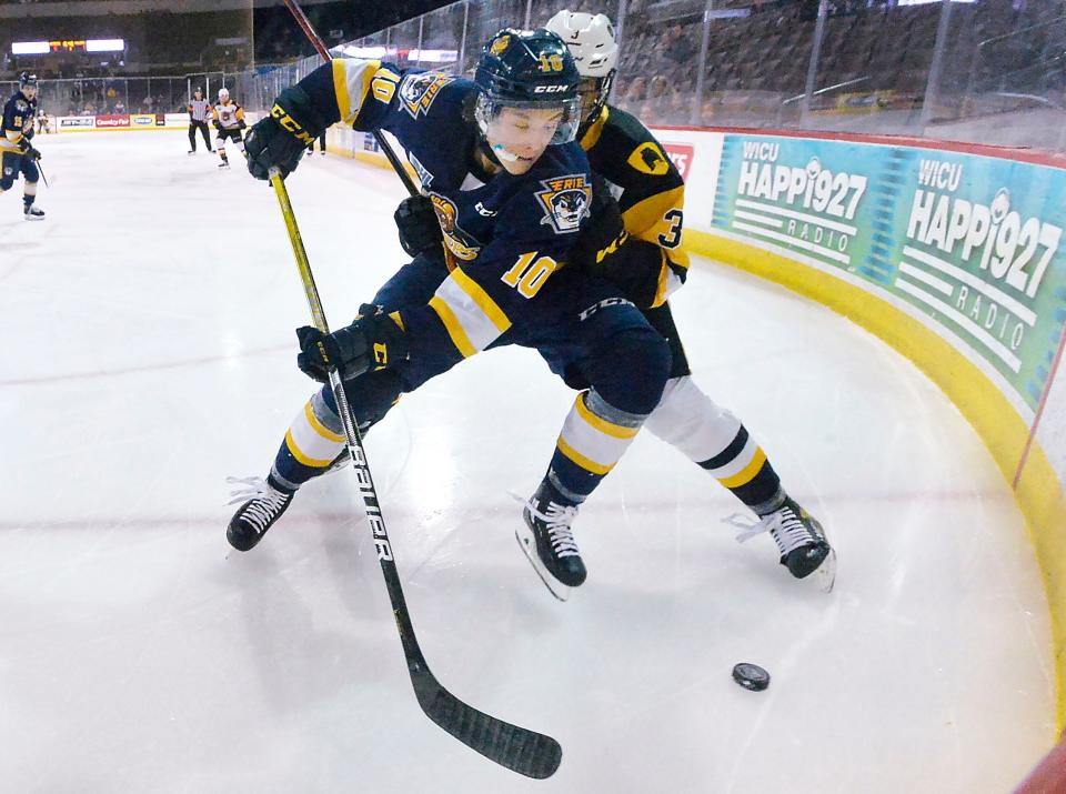 Erie Otters center Carey Terrance, here in action during an April 1, 2022, Ontario Hockey League game, was chosen by the Anaheim Ducks during the second round of Thursday's NHL draft.  Overall, Terrance was the 44th Otter chosen in that draft.