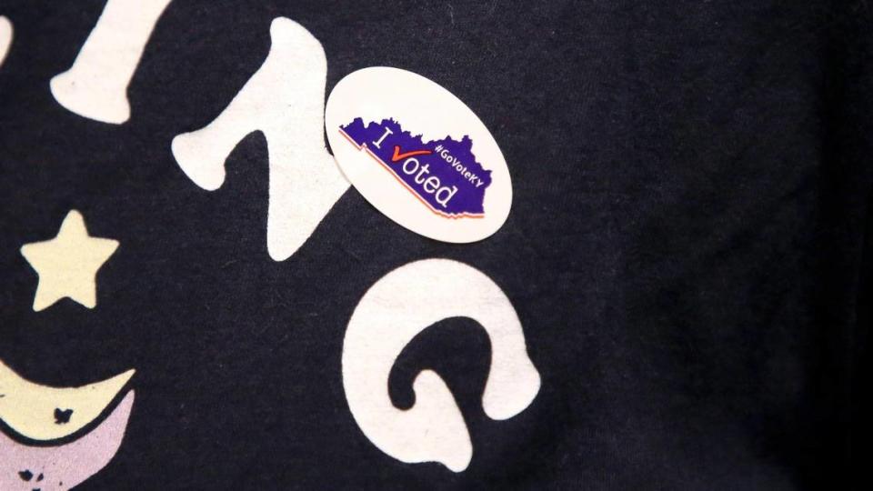 An “I voted sticker” on a Kentucky voter after voters cast their ballots during Kentucky’s Primary Election Day, Tuesday May 17, 2022 at the Fairway precinct in Lexington, Ky. Democrats and Republicans went go the polls to select candidates for the General Election in the fall.