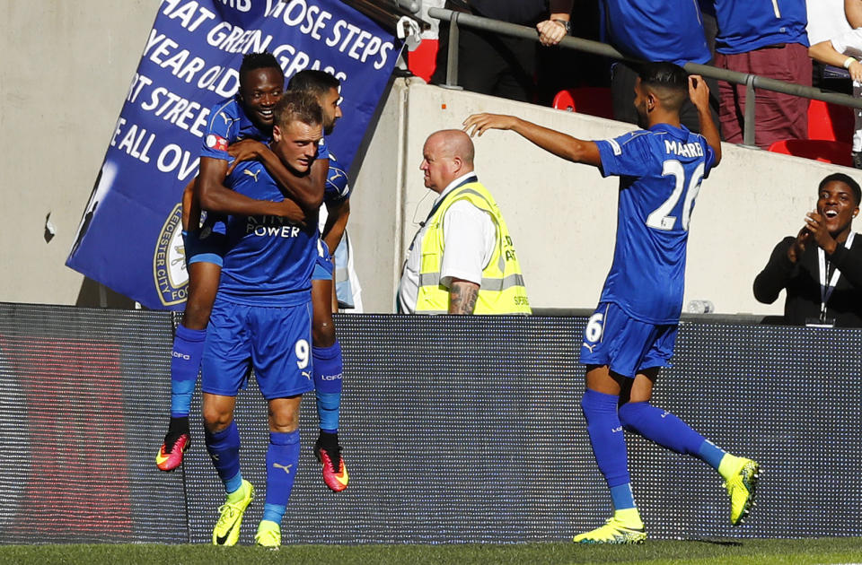 Football Soccer Britain - Leicester City v Manchester United - FA Community Shield - Wembley Stadium - 7/8/16 Leicester City's Jamie Vardy celebrates scoring their first goal Reuters / Eddie Keogh Livepic EDITORIAL USE ONLY. No use with unauthorized audio, video, data, fixture lists, club/league logos or "live" services. Online in-match use limited to 45 images, no video emulation. No use in betting, games or single club/league/player publications. Please contact your account representative for further details.