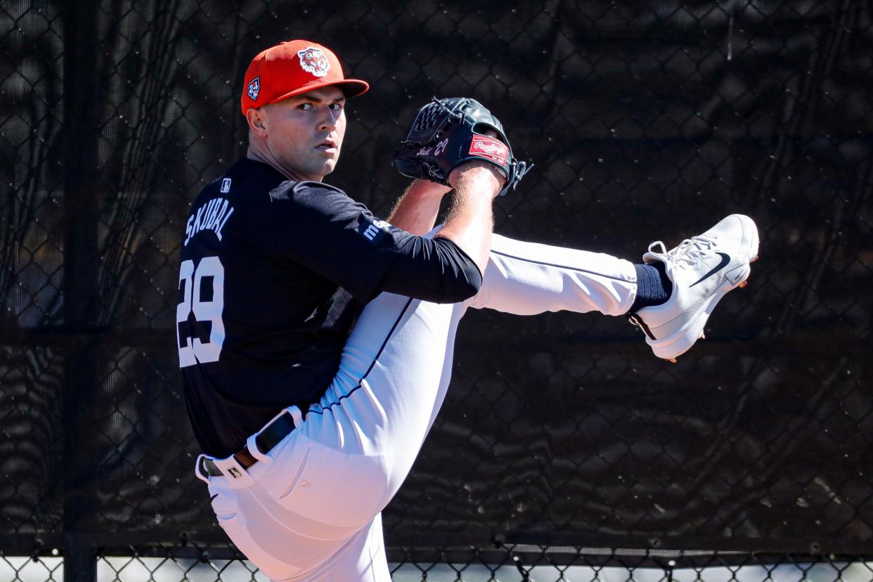 Detroit Tigers pitcher Tarik Skubal throws during spring training at TigerTown in Lakeland, Fla. on Tuesday, Feb. 20, 2024.